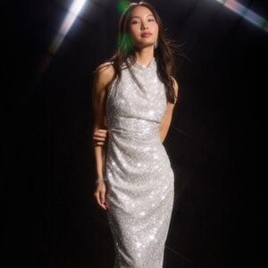 Lulus Jackie Silver Sequin Halter Neck Backless Midi Dress - Size S